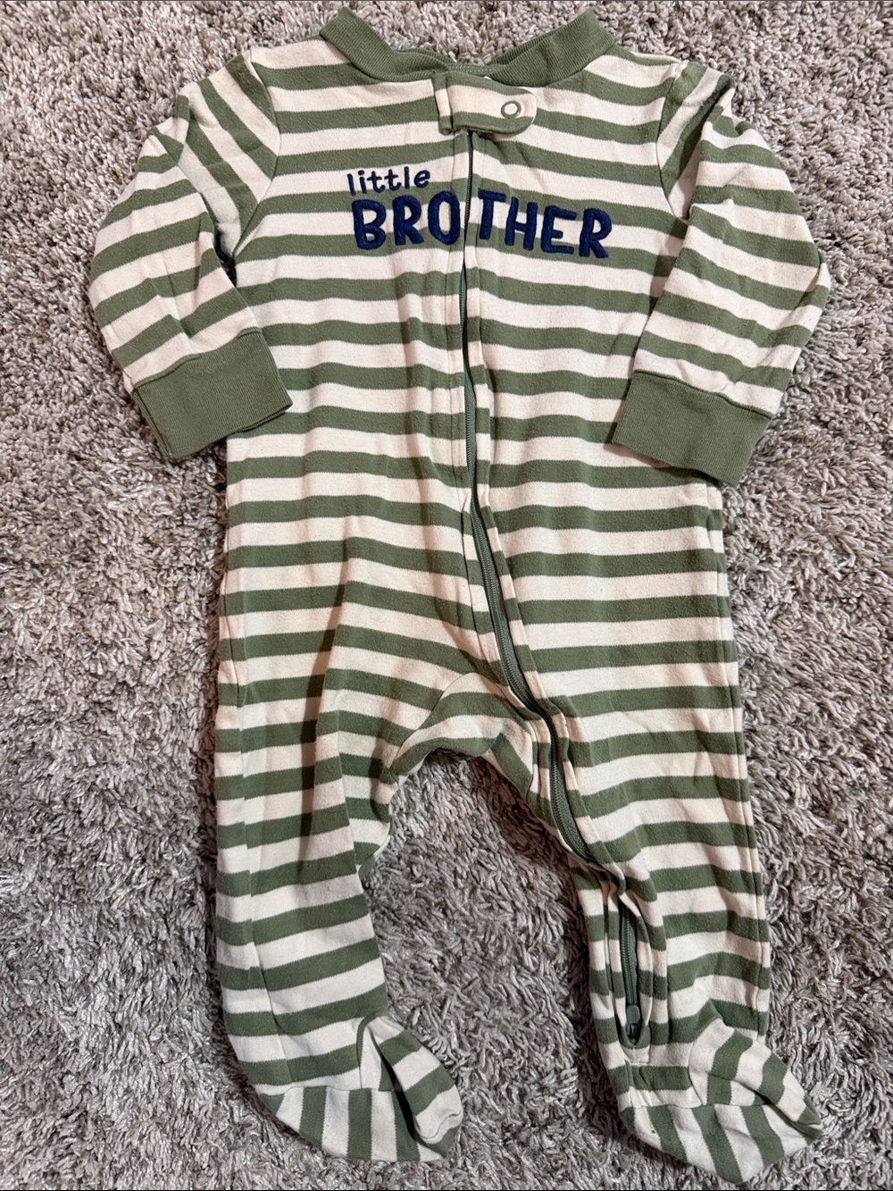 Carter's Olive & Cream Striped 'Little Brother' Footed One-Piece Size 9 Month